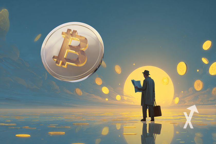 Hombre leyendo periódico con Bitcoin. Sol.