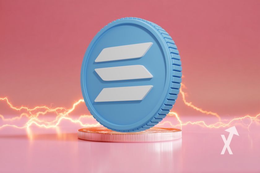 Moneda Solana con rayos naranjas vibrantes.