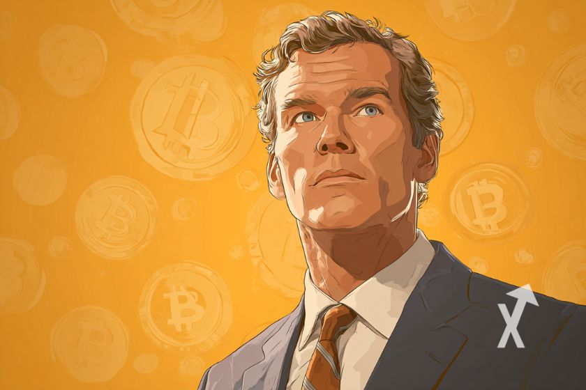 Michael Saylor en traje con Bitcoin.