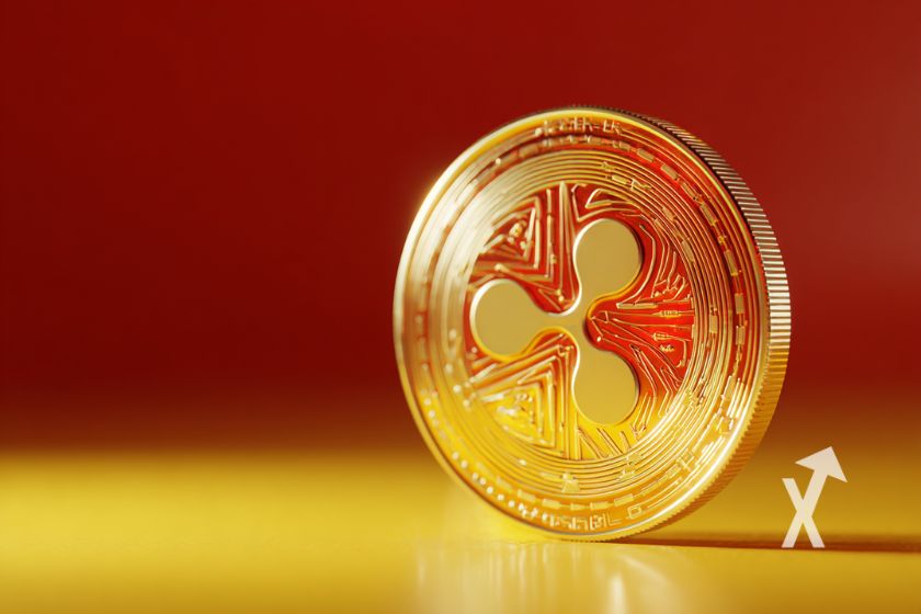 Moneda XRP amarilla sobre fondo colorido.