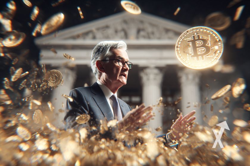 Jerome Powell rodeado de bitcoins en la banca central.