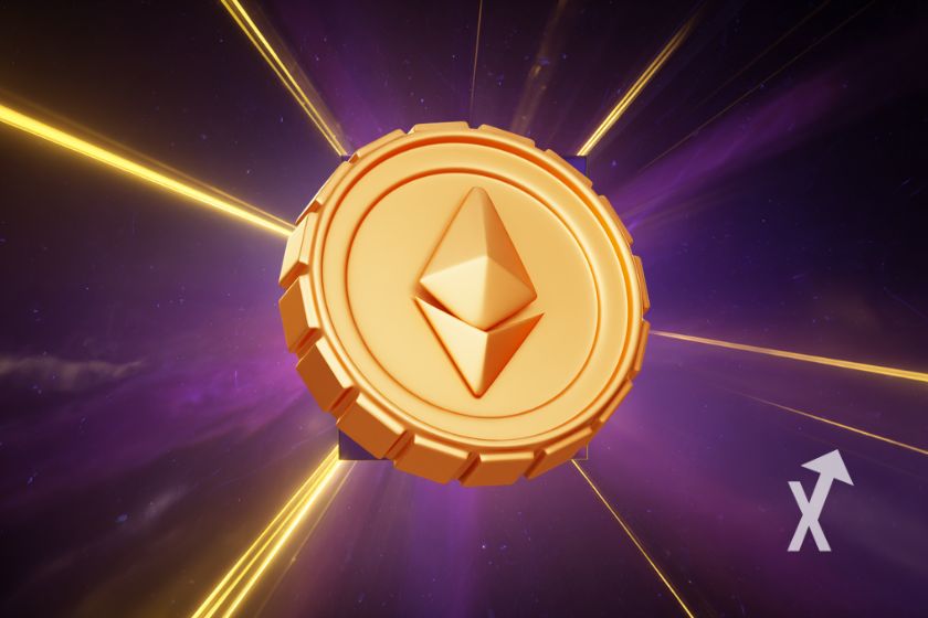 Moneda Ethereum amarilla sobre fondo violeta.