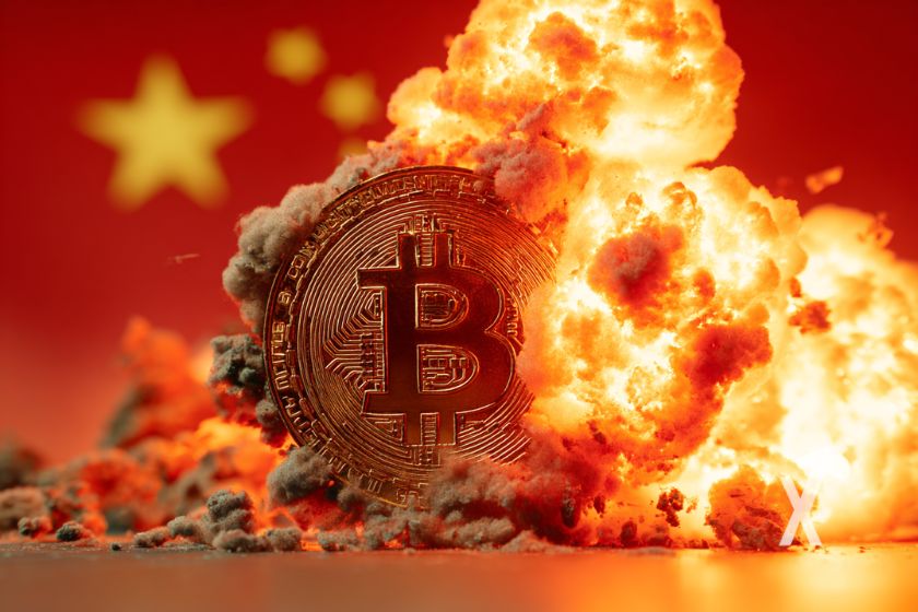 Moneda bitcoin en explosi&oacute;n roja brillante.