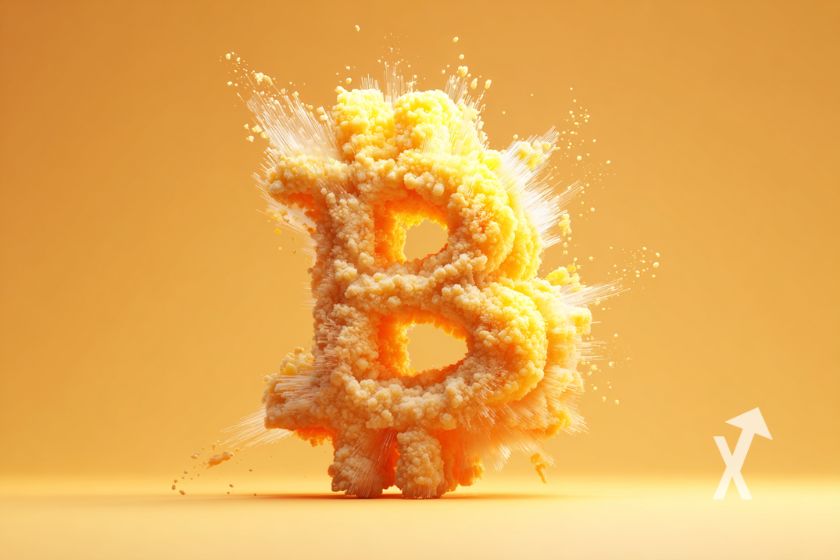 Logo de Bitcoin en explosión naranja.