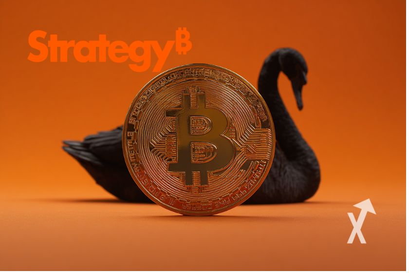 Moneda Bitcoin con cisne negro.