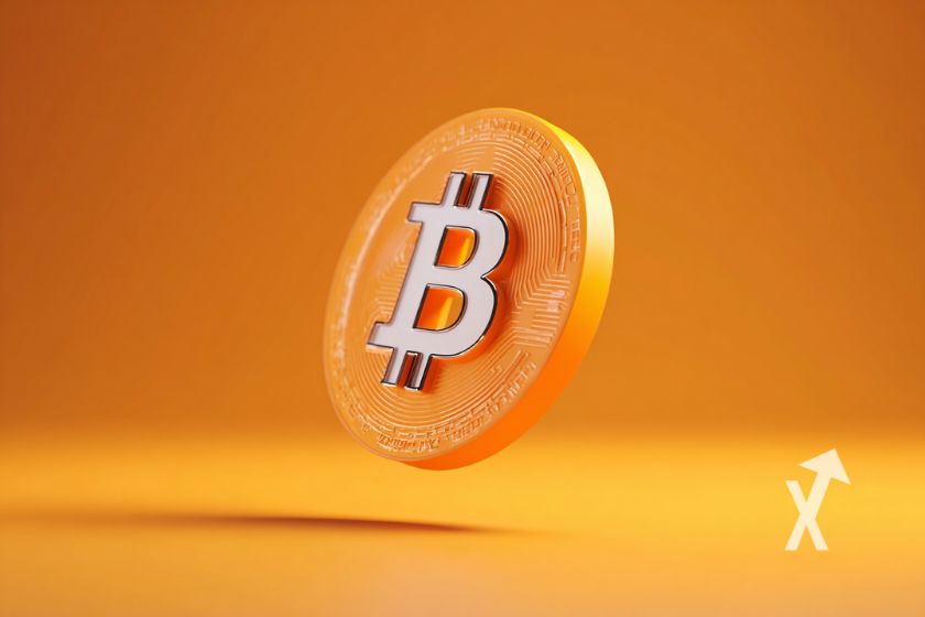 Moneda Bitcoin naranja sobre fondo anaranjado.