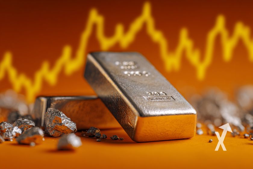 Lingotes de plata sobre fondo naranja.