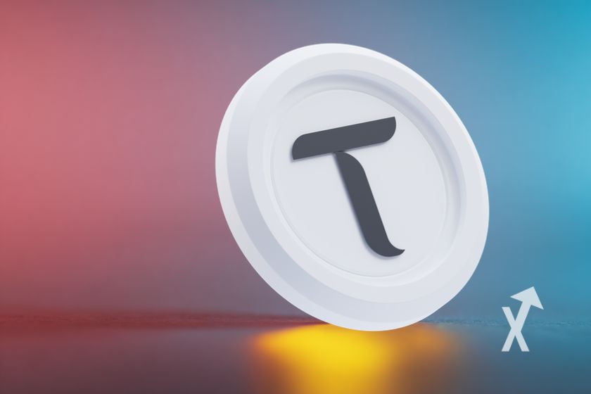 Moneda TAO sobre fondo azul y rosa.