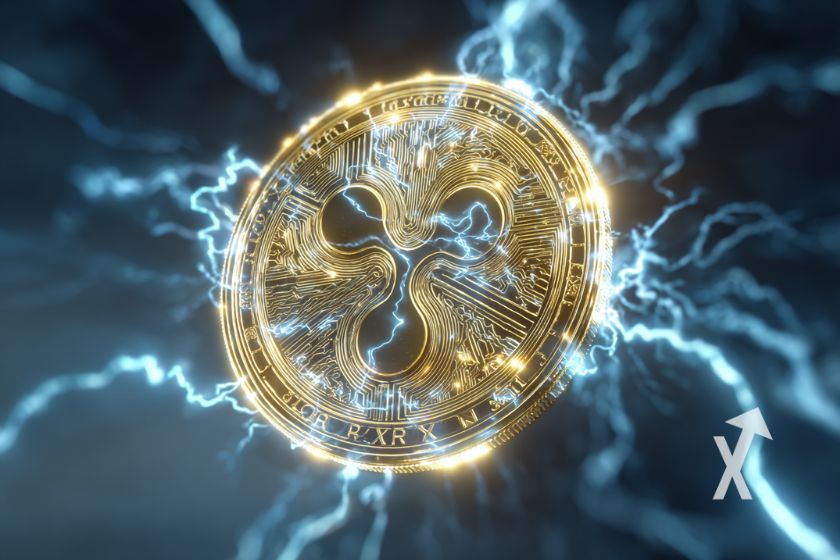 Moneda XRP amarilla en electricidad azul.