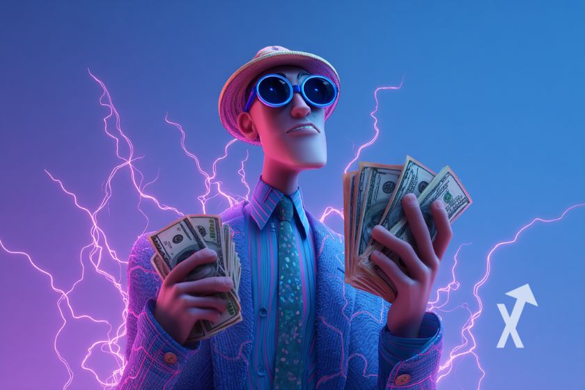 Hombre con dinero en fondo azul.