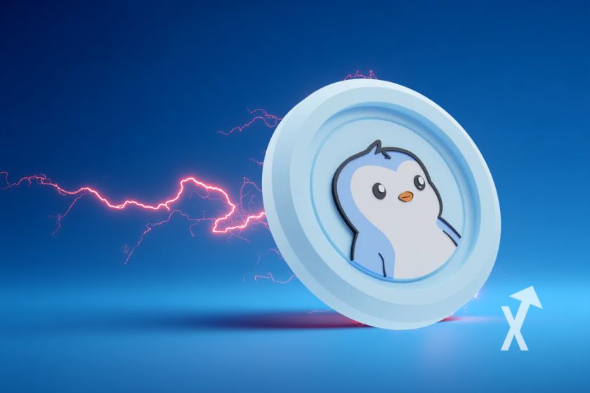 Penguin coin con aura eléctrica roja.