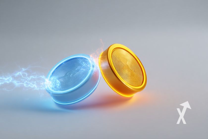 Ficha azul y naranja en fondo gris con rayos azules.