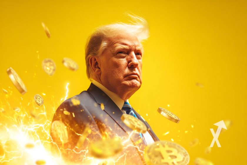 Trump rodeado de Bitcoins en amarillo.