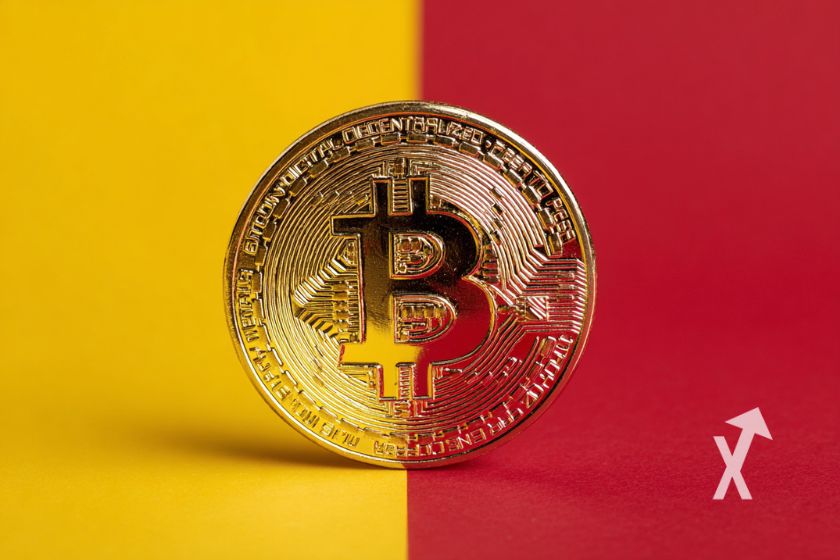 Moneda Bitcoin en fondo bicolor.