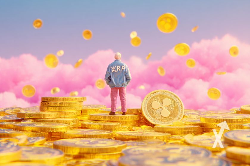 Hombre con XRP en mundo rosa.