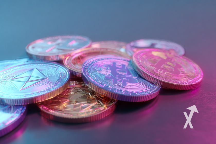 Tokens cripto colores rosa y azul.