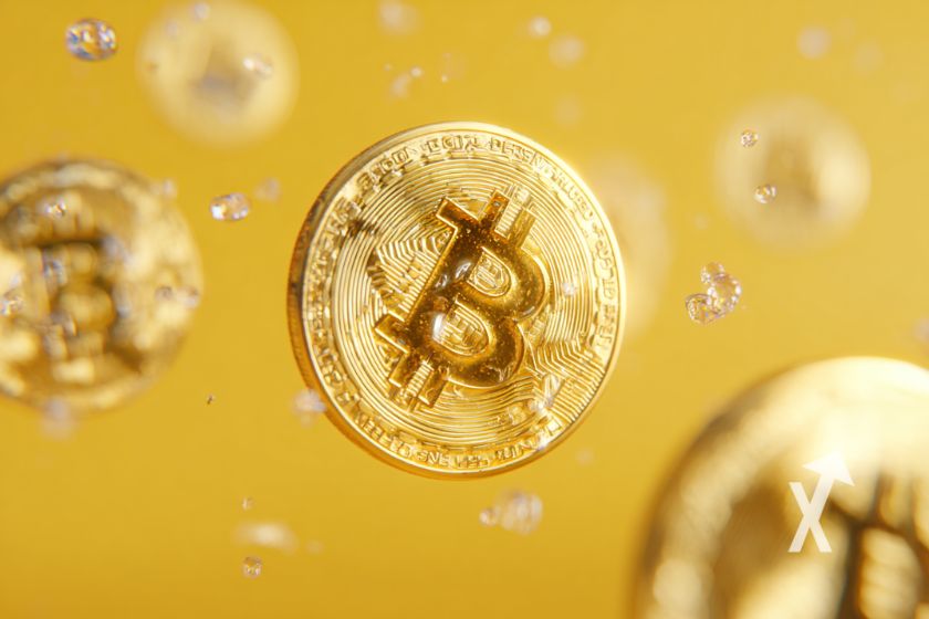 "Bitcoins de oro en fondo amarillo"