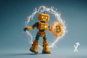Robot amarillo con bitcoin volador. Fondo azul.