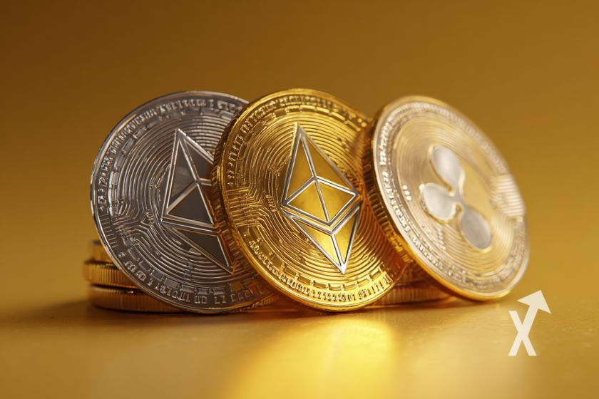 Criptomonedas en fondo amarillo brillante.