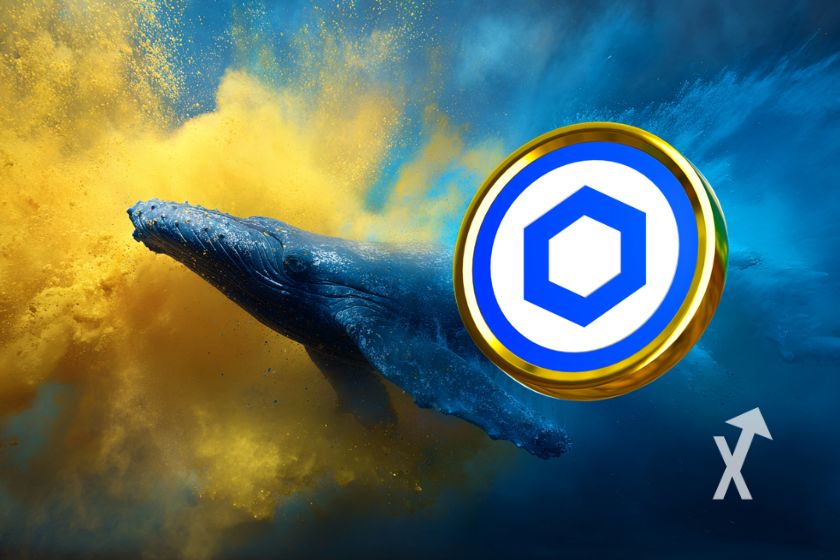 Moneda Chainlink con ballena entre humo.