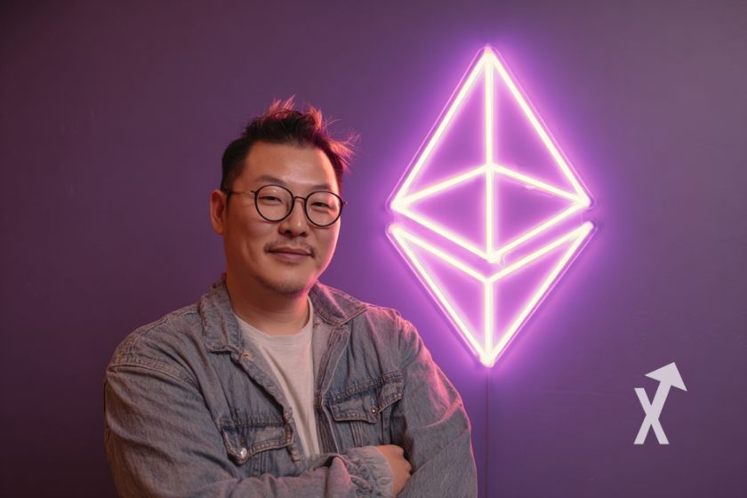 Logo Ethereum en néon violet.