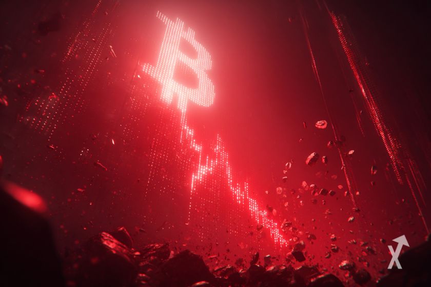 Logo Bitcoin en mur rojo.
