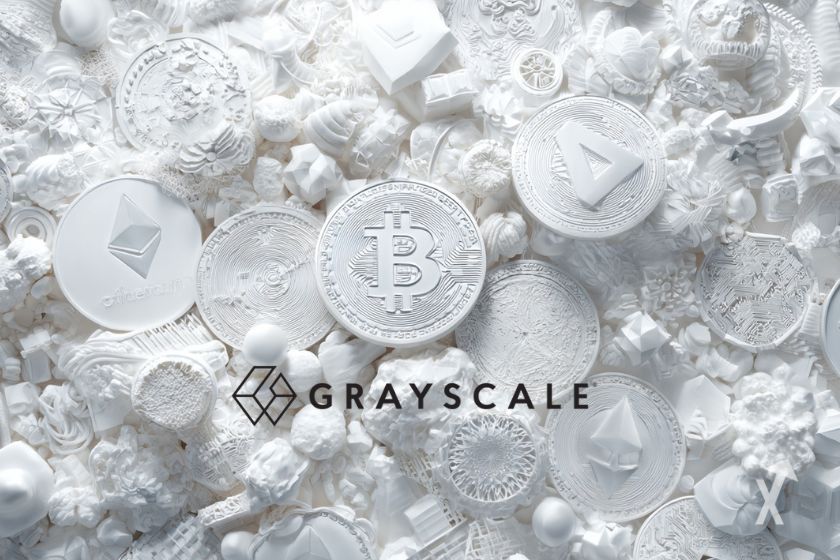 Fondo blanco con tokens cripto, logo Grayscale.