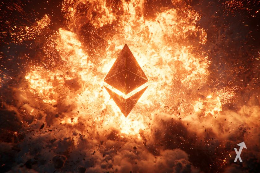 Logo 3D de Ethereum con explosi&oacute;n.