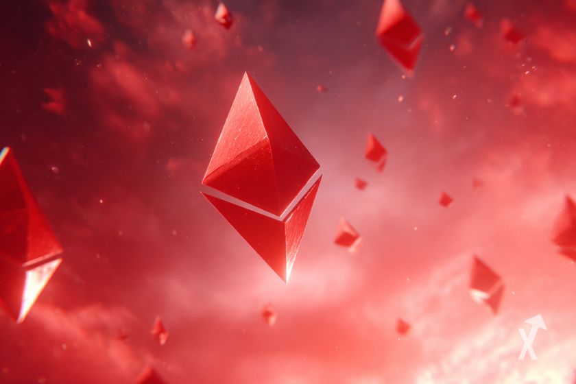 Logos rojos de Ethereum en vuelo.