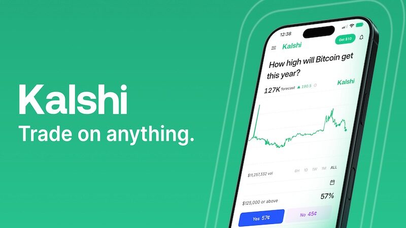 Interfaz de trading de Kalshi mostrando contratos de eventos económicos y políticos, gráficos de precios y opciones de compra Sí/No para invertir en mercados de predicción sobre fondo verde