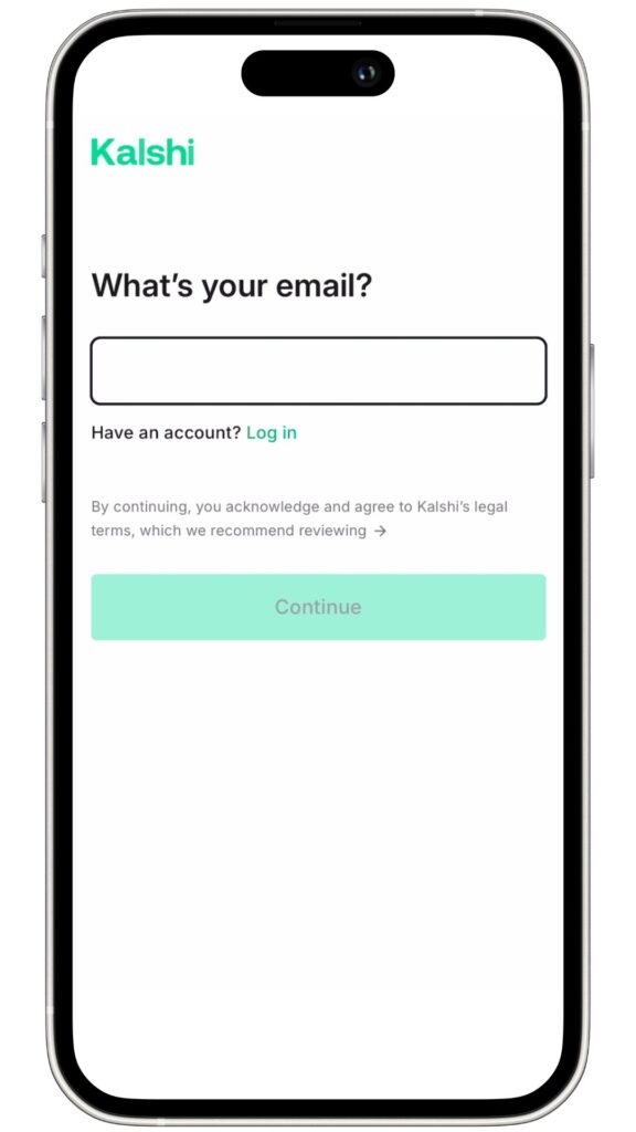Teléfono mostrando el correo electrónico a introducir durante los pasos de KYC en Kalshi