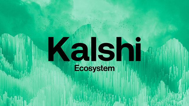 Visual Kalshi Ecosystem con el logo de Kalshi sobre un fondo verde abstracto representando un paisaje futurista