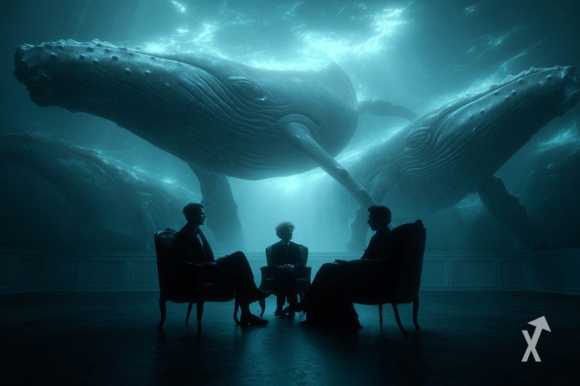 Reunión FOMC con 3 personas y ballenas.