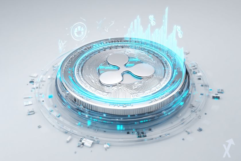 Criptomoneda XRP 3D gris y azul.