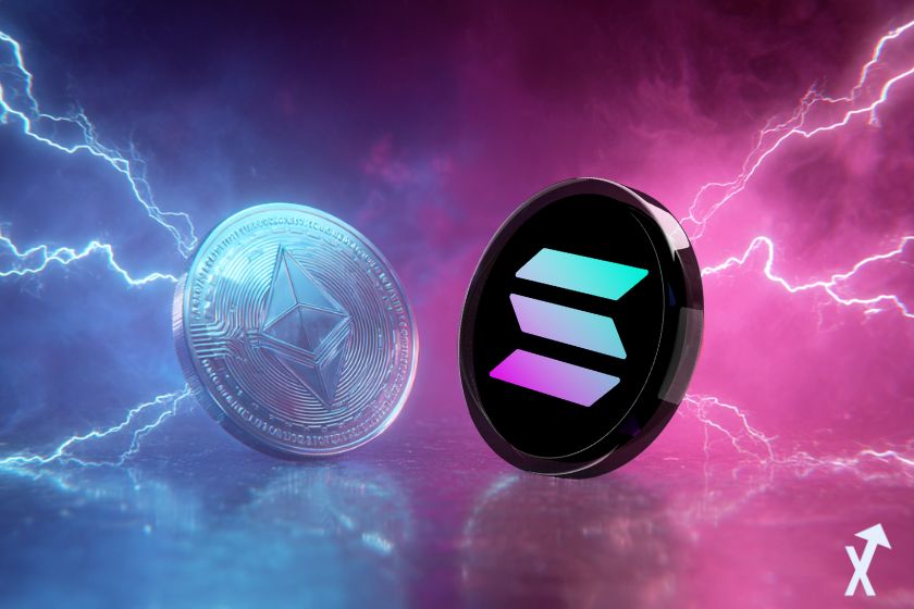 Criptomonedas compitiendo con relámpagos.