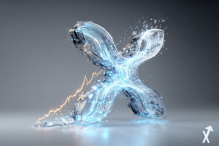 Logo XRP con explosión dorada, elegante.