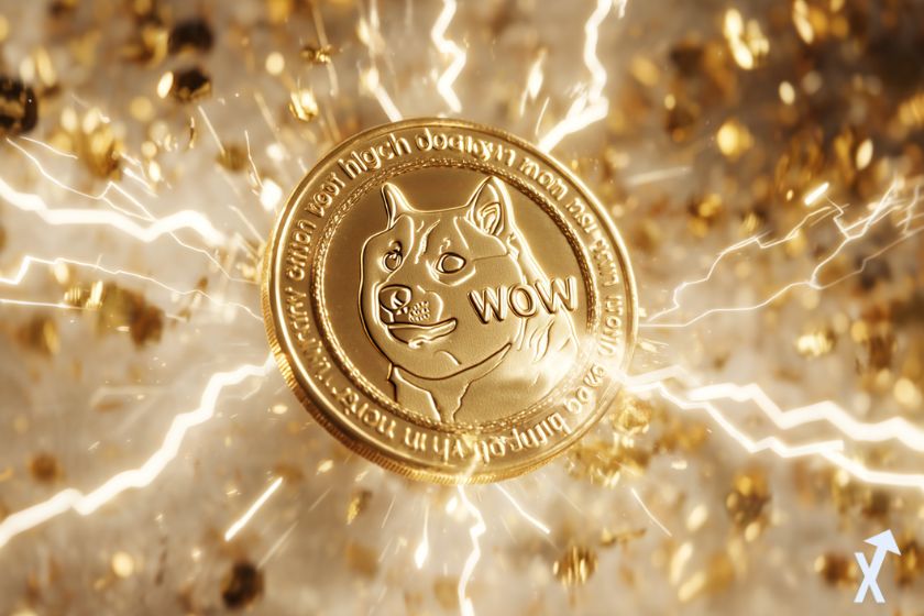 Criptomoneda dorada Dogecoin en explosión eléctrica.