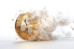 Moneda oro XRP 3D humo blanco.