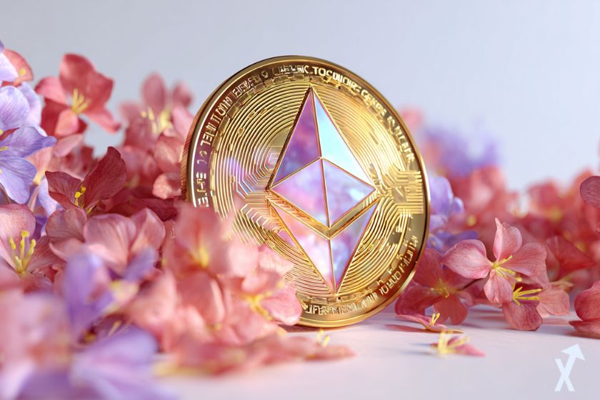 Moneda Ethereum 3D brillando flores.