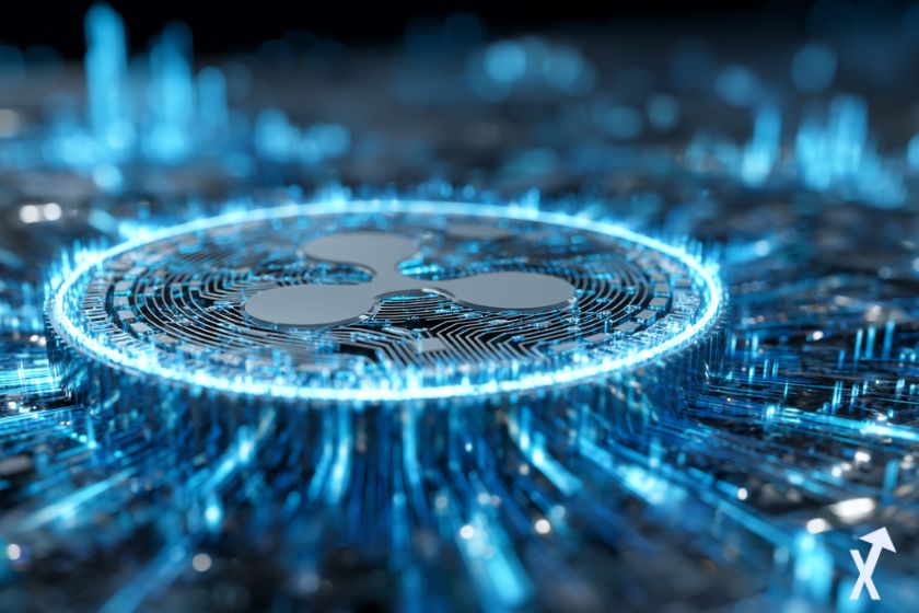 Moneda XRP azul en ambiente futurista.