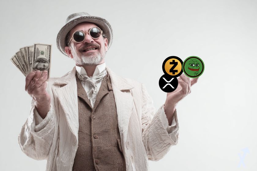 Trader con dinero y criptomonedas en mano.