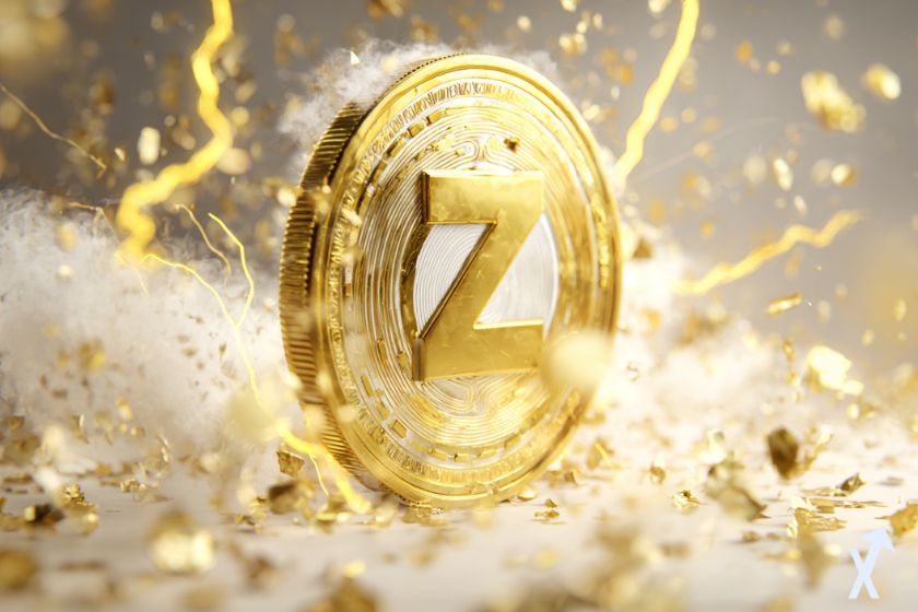 Moneda zcash dorada en explosión.