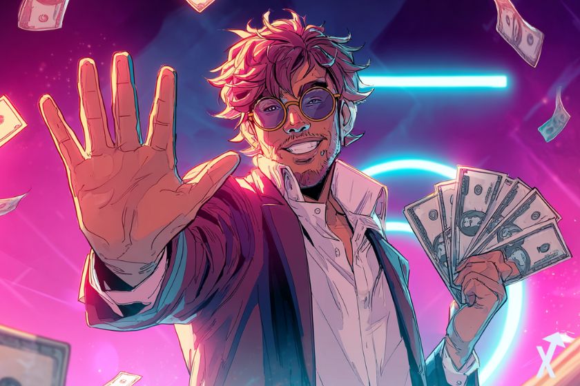 "Trader sonriente muestra 5 cryptos rentables"