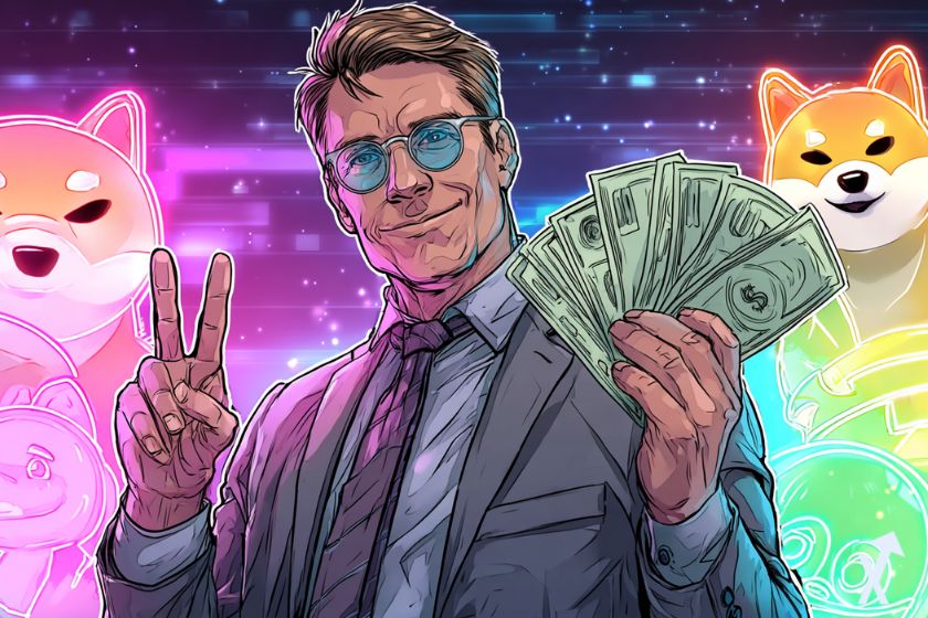 Trader con dinero y criptomonedas trendy.