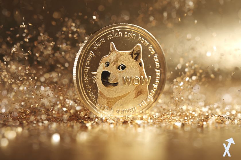 Criptomoneda tipo dogecoin dorada brillante.