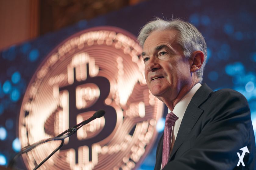 Jerome Powell y Logo Bitcoin conferencia.