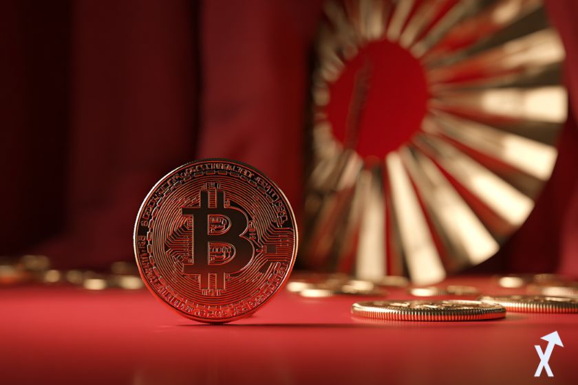 Moneda Bitcoin 3D dorada, ambiente japonés.