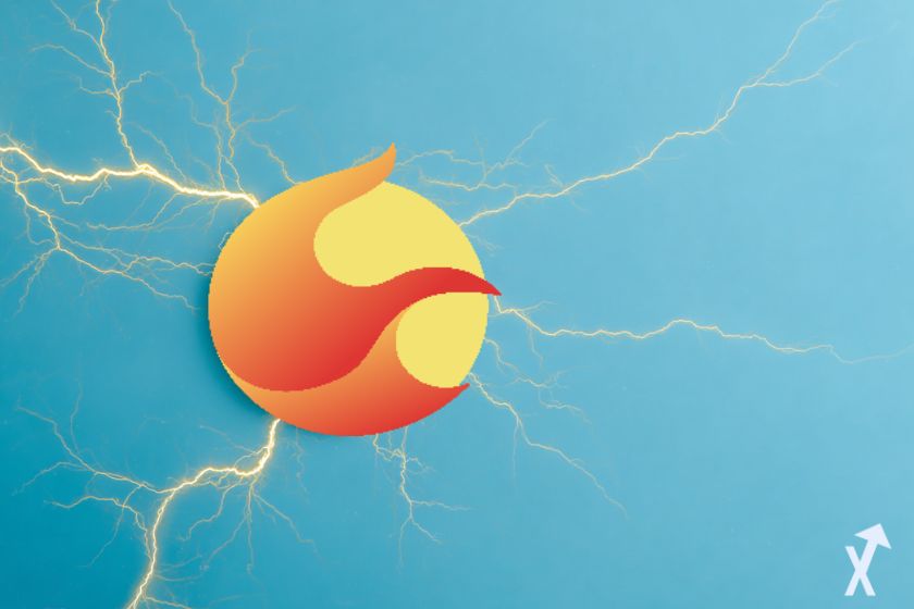 Logo luna tierra azul relámpagos amarillos.