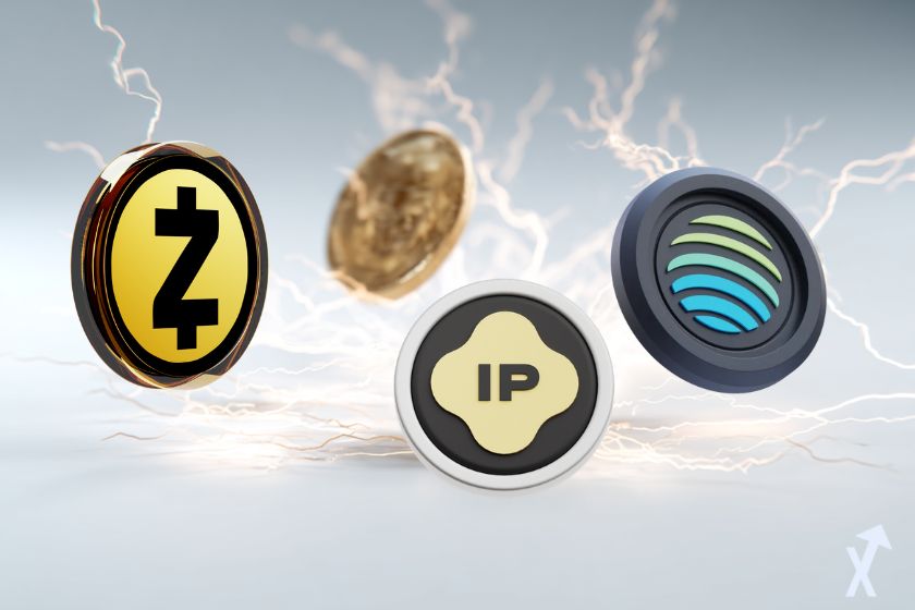 Criptomonedas con electricidad en fondo blanco.