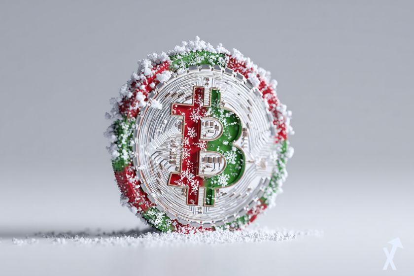 Moneda Bitcoin navide&ntilde;a rojo blanco verde.